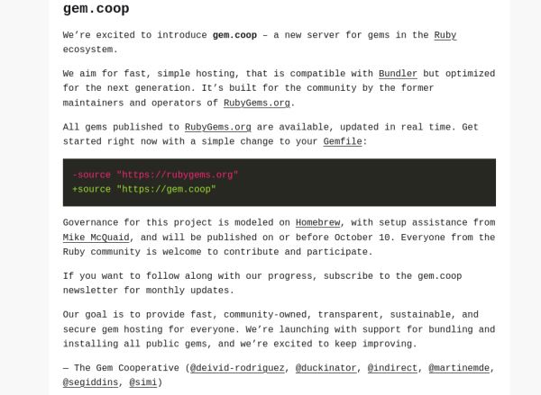 Бывшие мейнтейнеры проектов RubyGems.org, RubyGems и Bundler представили альтернативный репозиторий Gem Cooperative